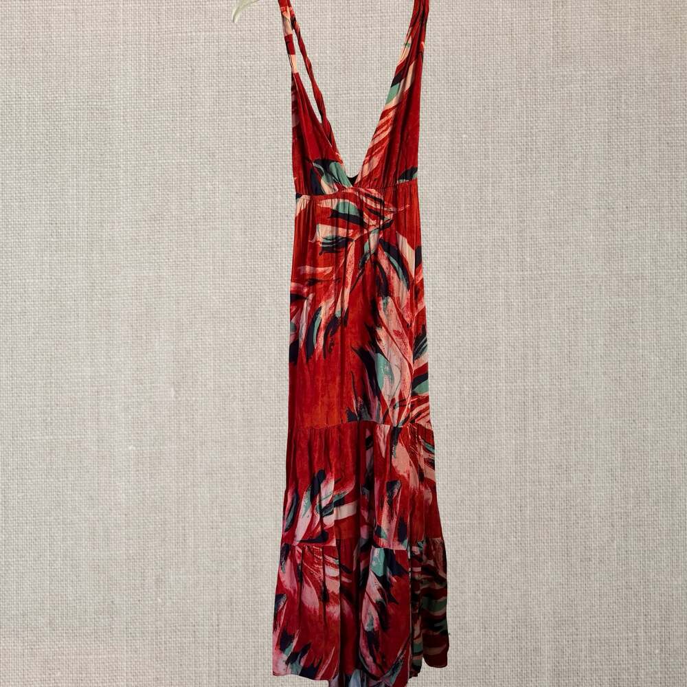 Anthropologie Red Tropical Print Deep V-Neck Tiered Maxi Dress tropical goddess - Picture 10 of 12